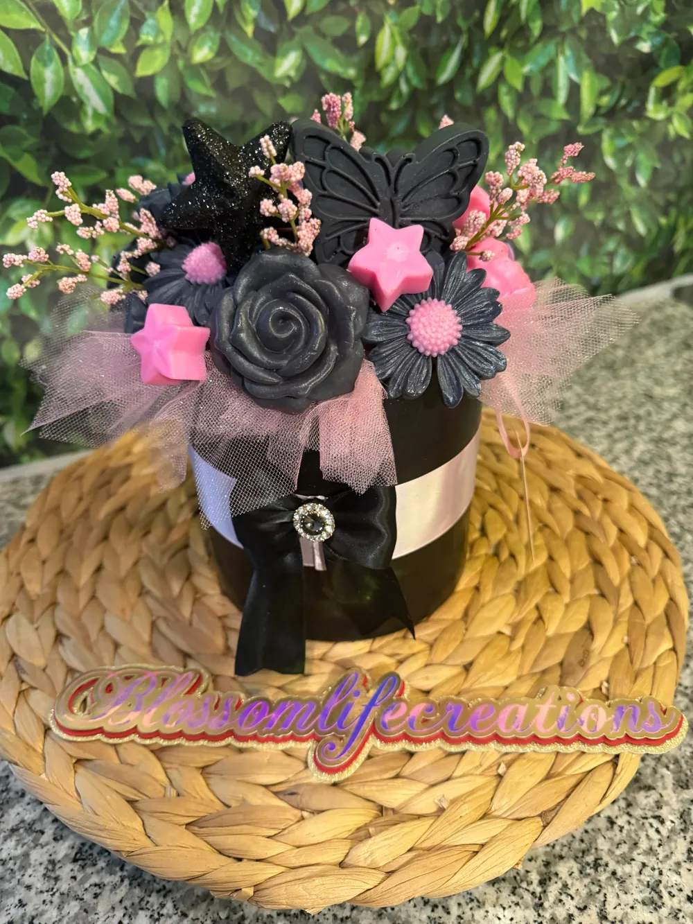 Everlasting flower box in black with pink and blush blooms